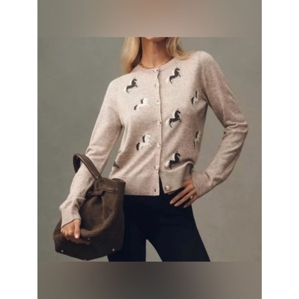 Maeve Anthropologie Horse-Pattern Button Cardigan